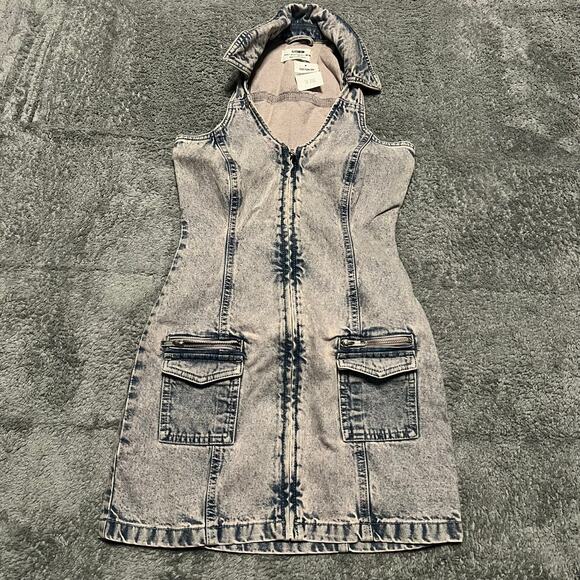 Cotton On Dress Womens 2 XS Denim Halter Mini Dress Jean Blush Pink Blue - Picture 1 of 8